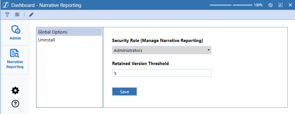 Narrative Reporting screen listing global options for security roles and uninstalling the solution